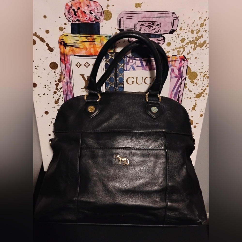 Emma Fox Black Leather Shoulder Bag Turn Lock (13"H×15"W) - Picture 2 of 16